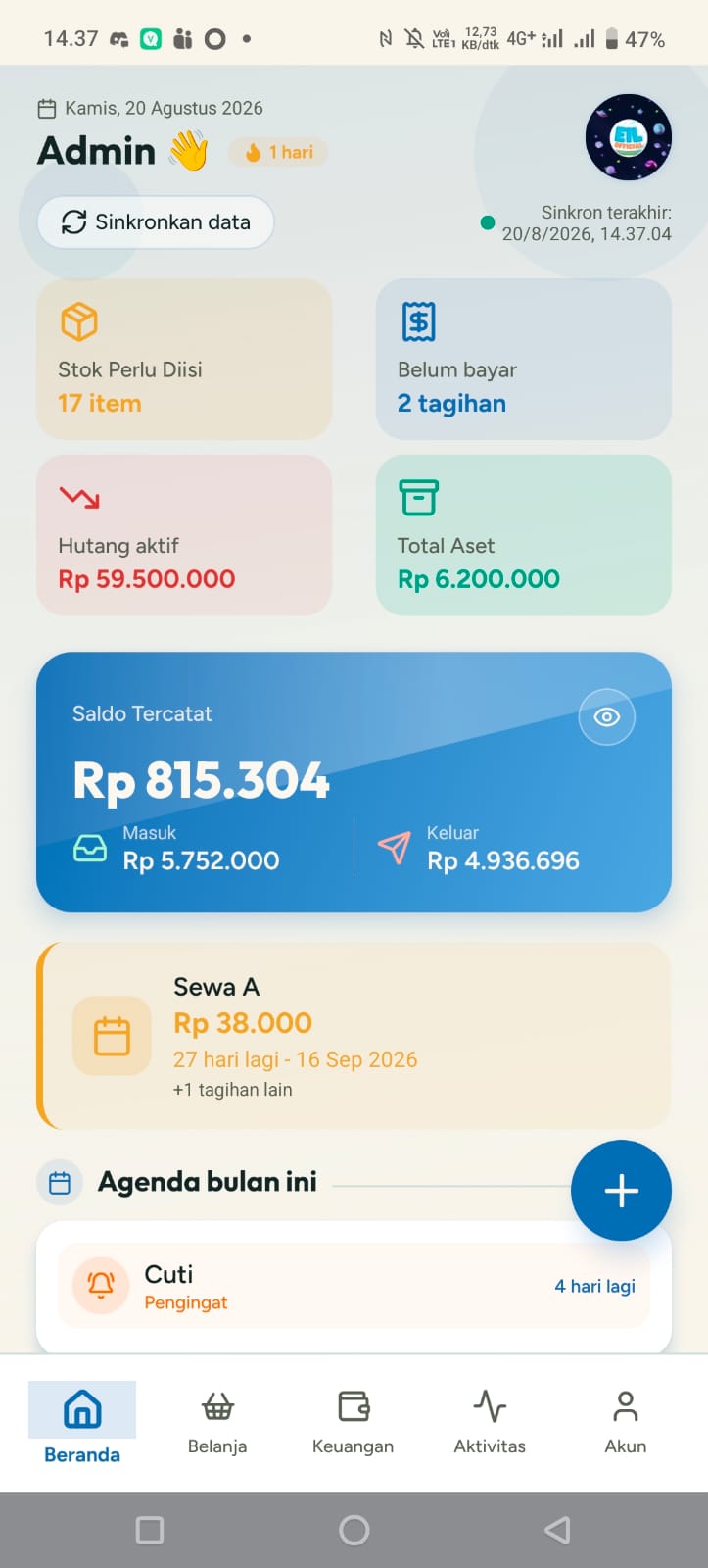 Dashboard Rewang menampilkan stok, tagihan, hutang, dan agenda keluarga