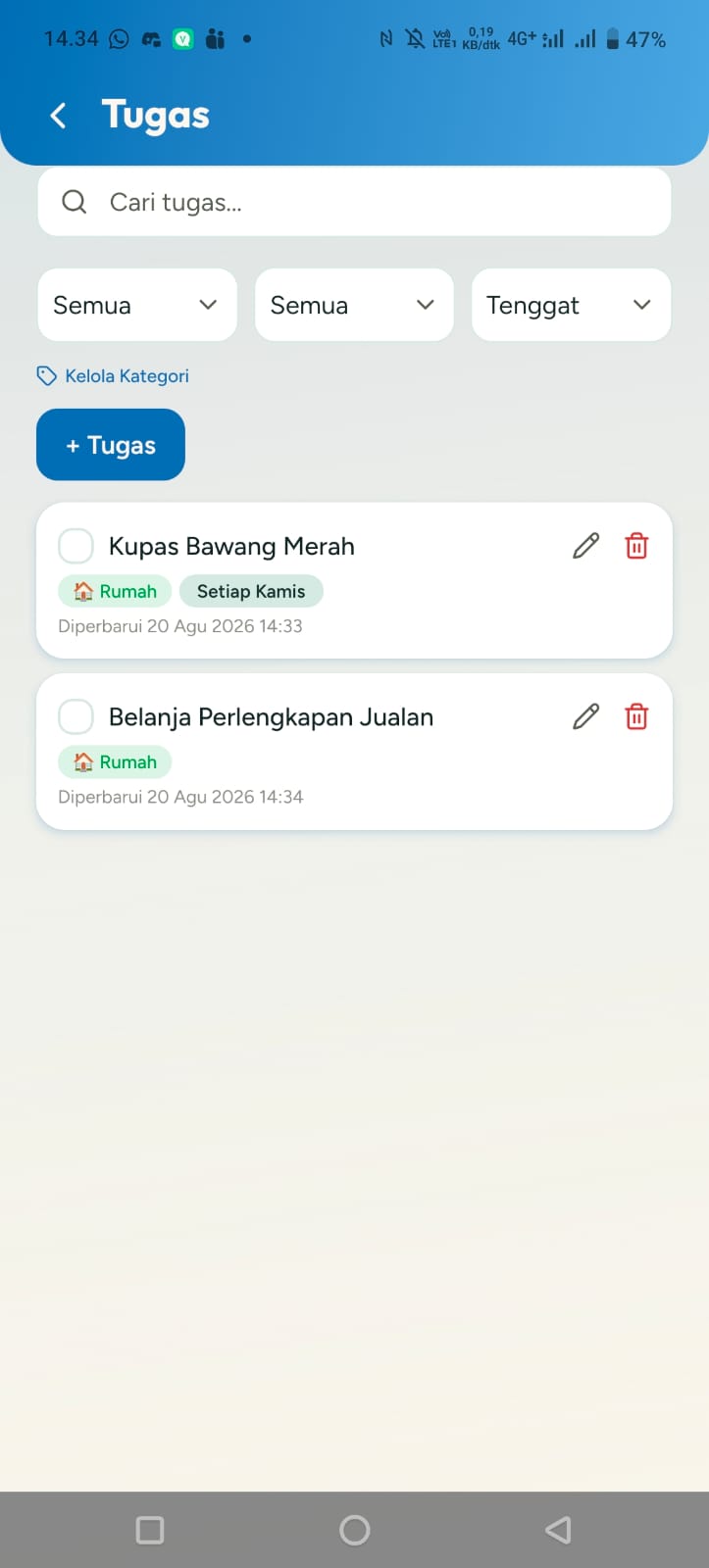 Tampilan Tugas Rumah di Rewang